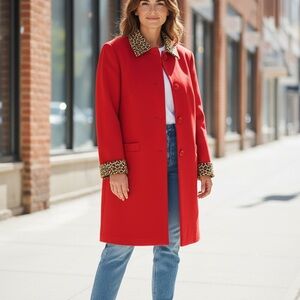 Elegant Red Trench Coat with Leopard Details